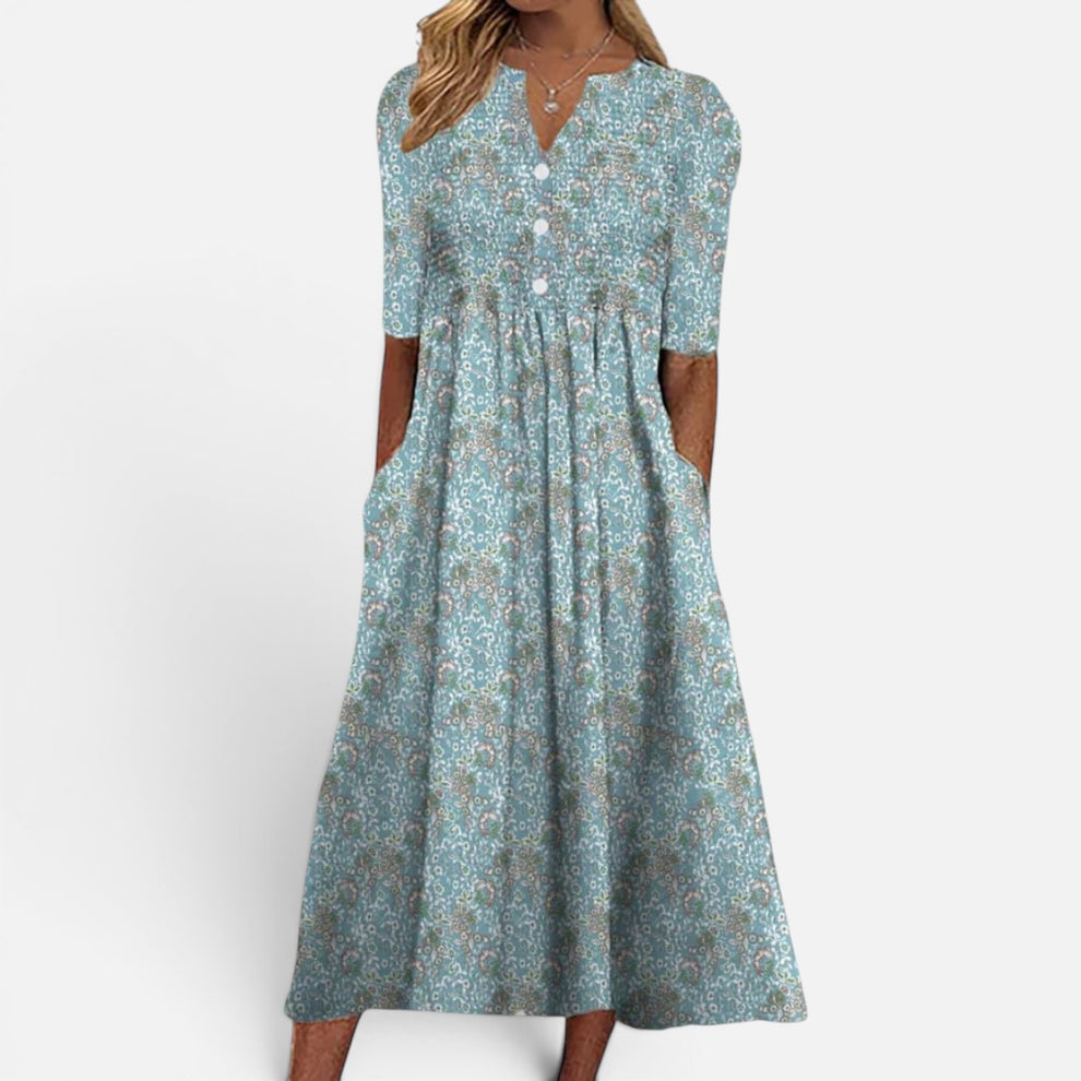 Presvell | Women's Midi Dress with Floral Print and Buttoned Front