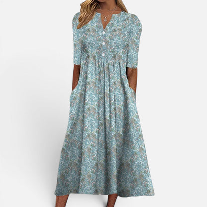 Presvell | Women's Midi Dress with Floral Print and Buttoned Front