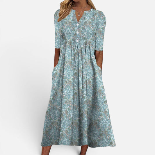 Presvell | Women's Midi Dress with Floral Print and Buttoned Front